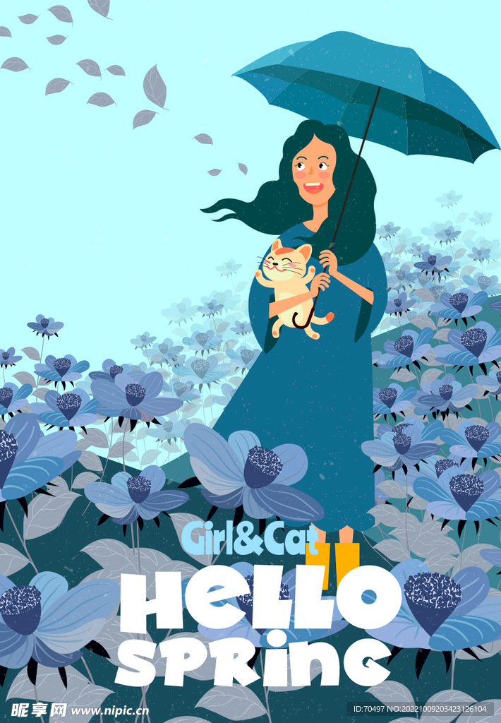 春天花海猫咪和女孩