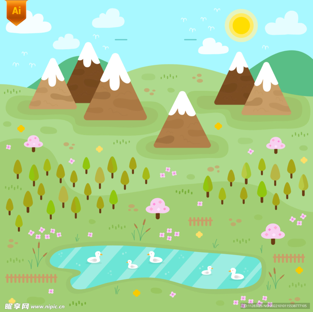 春季郊外池塘风景