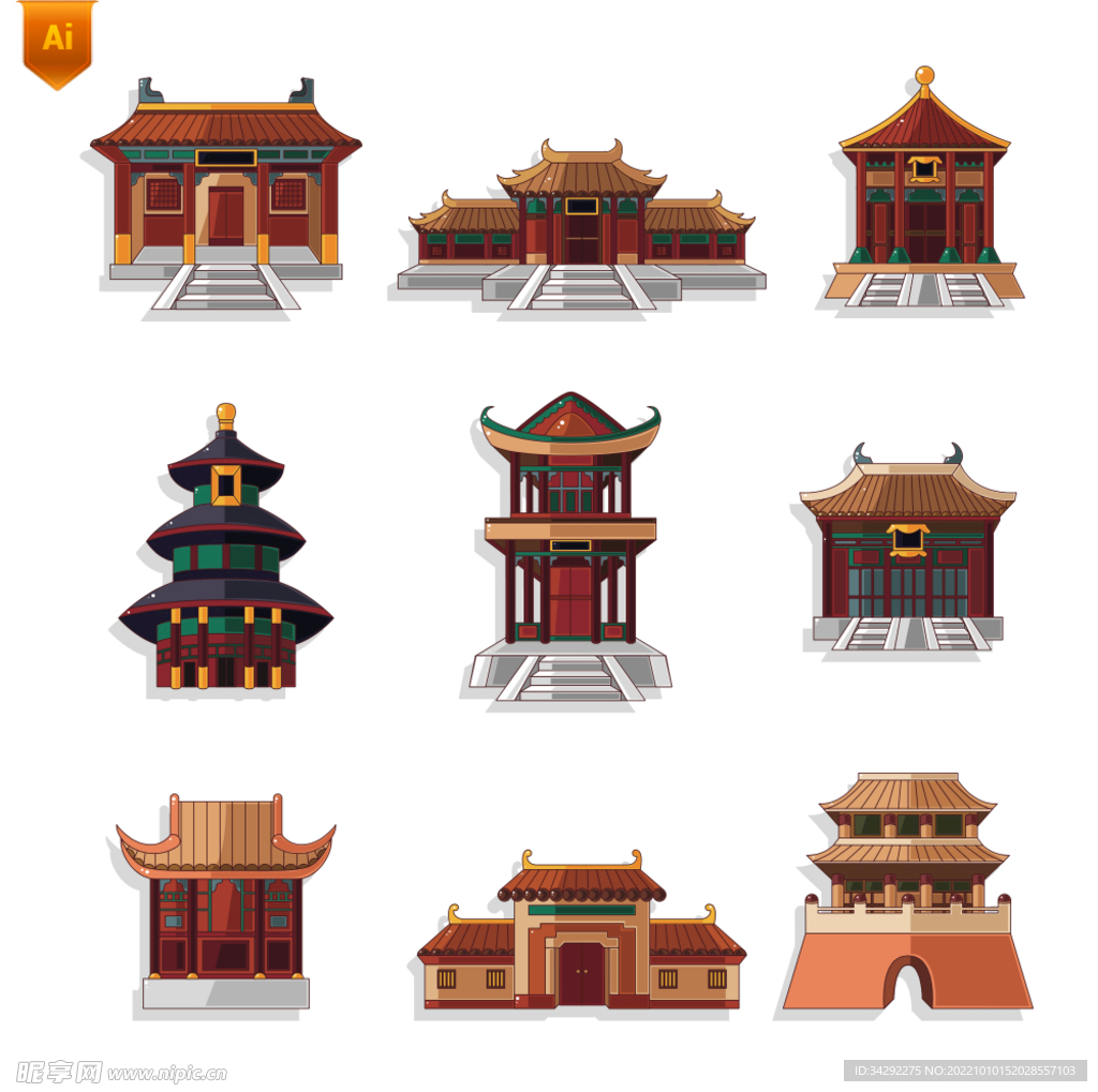 中国传统建筑卡通插画