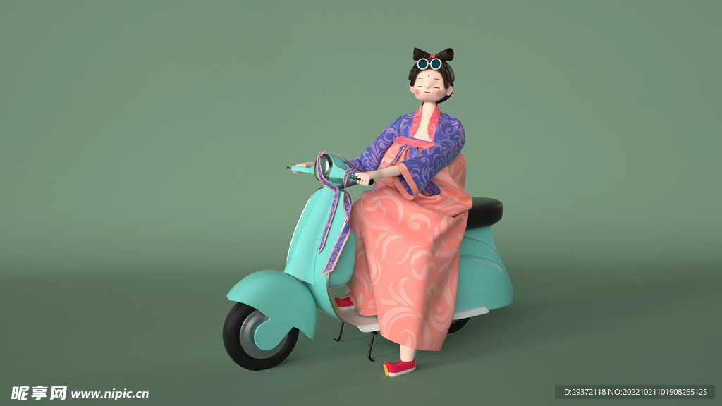 个性卡通风格中式古典仕女骑摩托