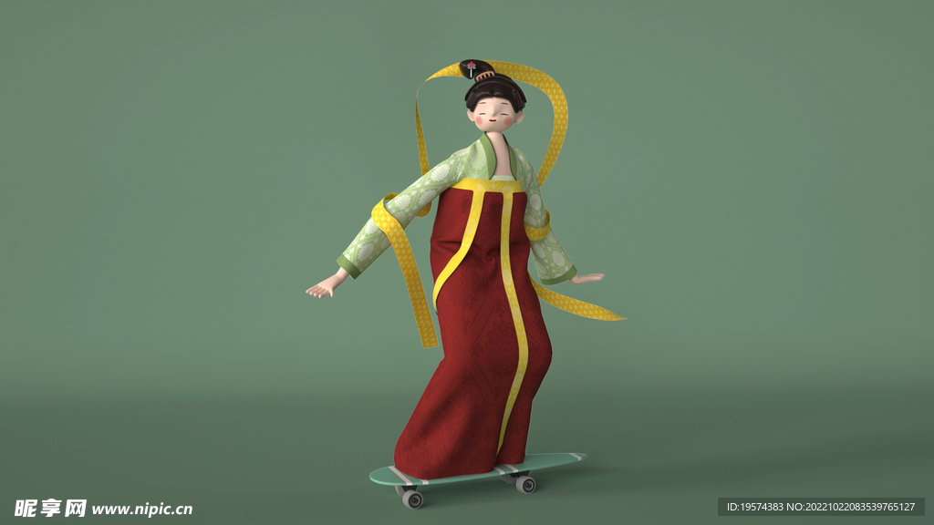 C4D模型 中式风格仕女玩滑板