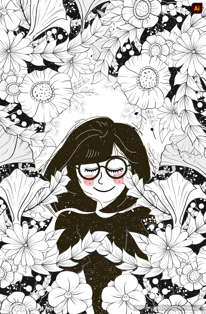 手绘鲜花女孩