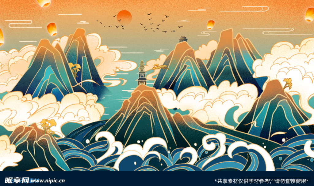 国潮风景山水背景