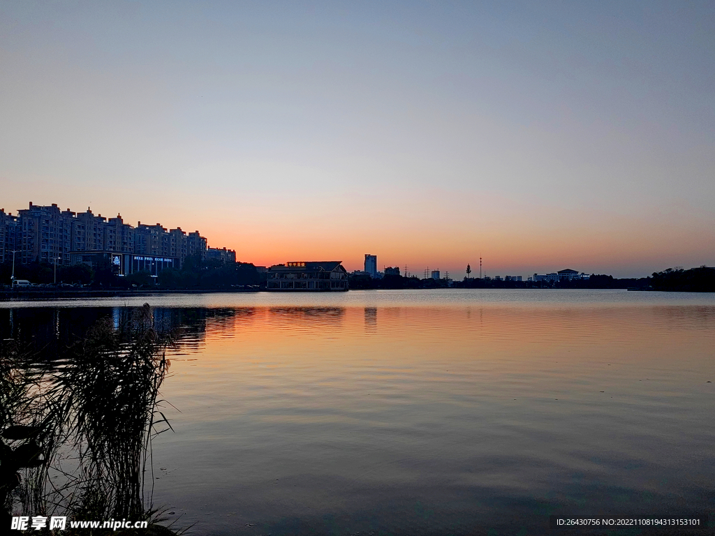 黄昏湖边建筑芦苇丛夜景