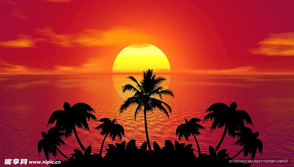 漫画风海面夕阳