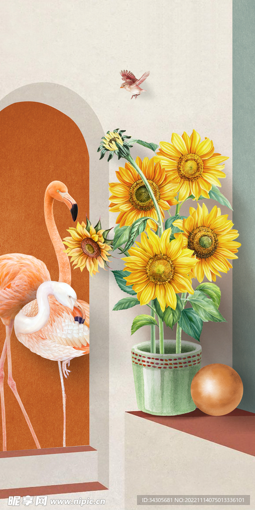 手绘清新花卉莫兰迪玄关装饰画