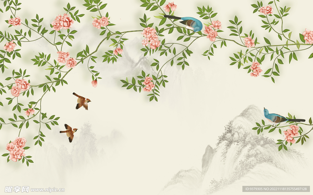 水墨山水简约花鸟背景客厅装饰画