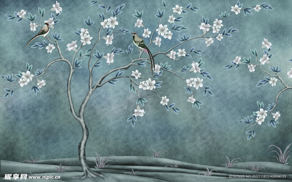 水墨山水简约花鸟背景客厅装饰画