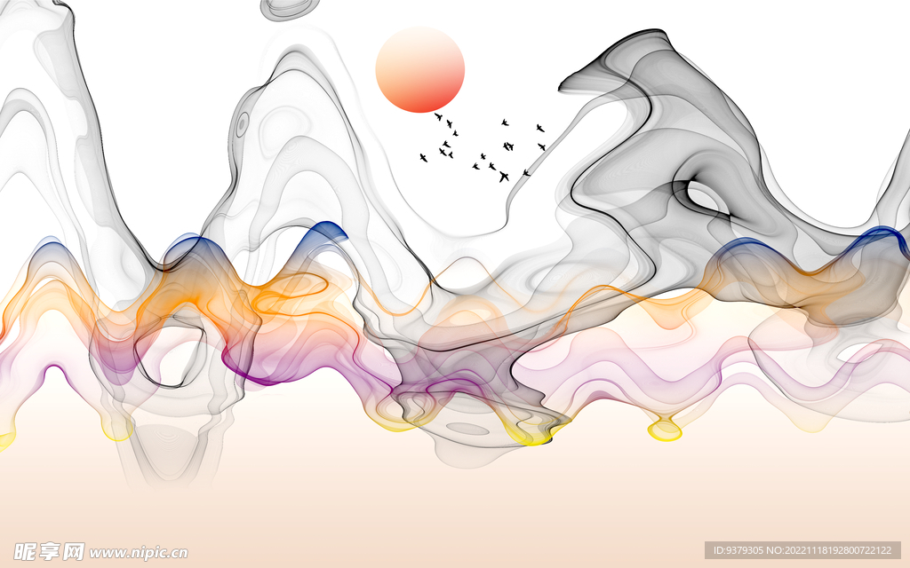 水墨山水简约花鸟背景客厅装饰画