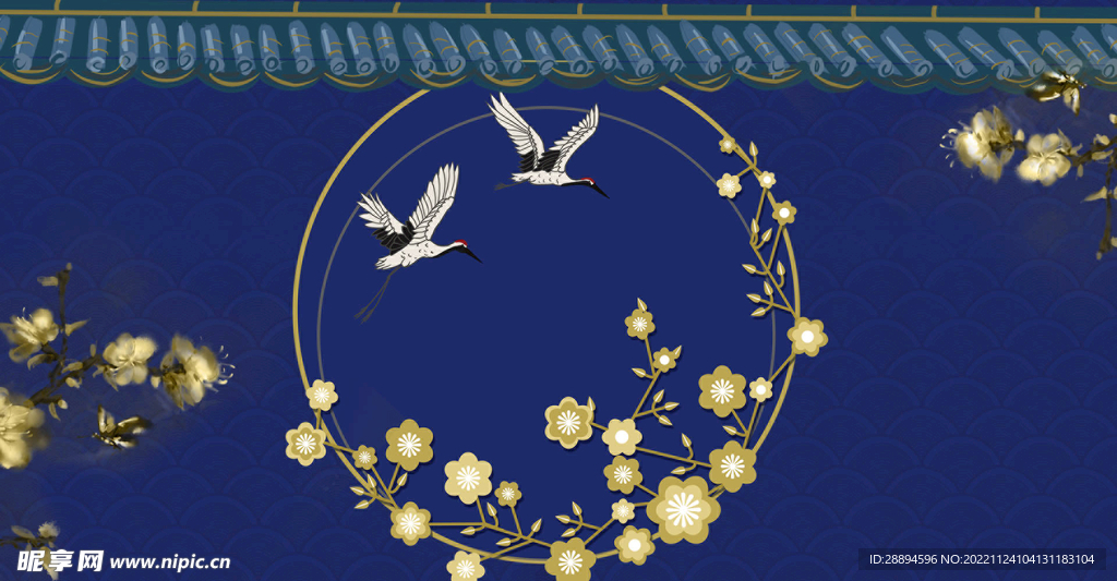 蓝色墙体花卉白鹤背景