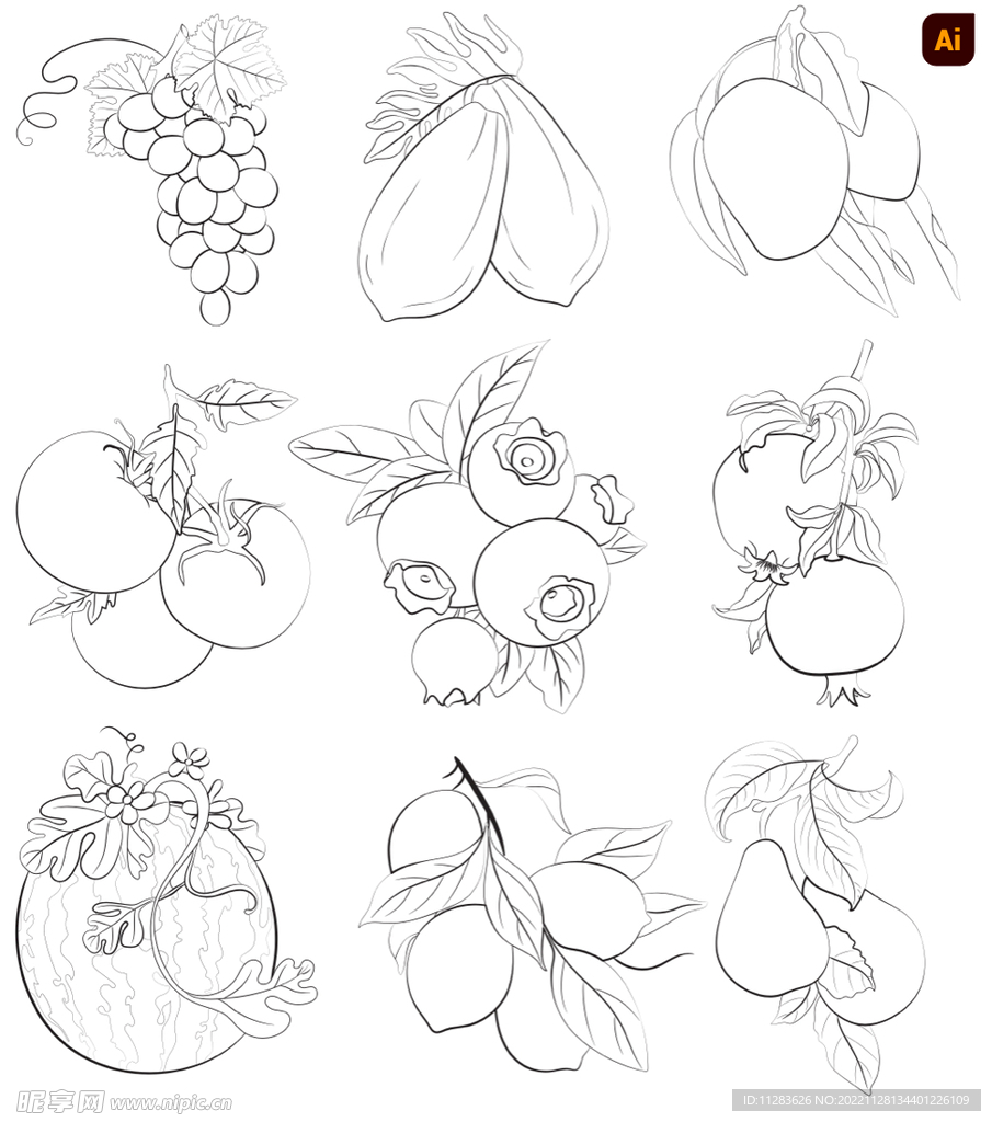 手绘线描水果