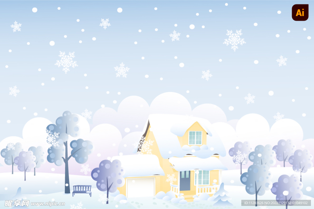 卡通下雪小屋