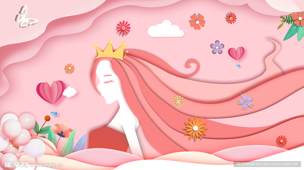 妇女节f粉色剪纸创意插画设计