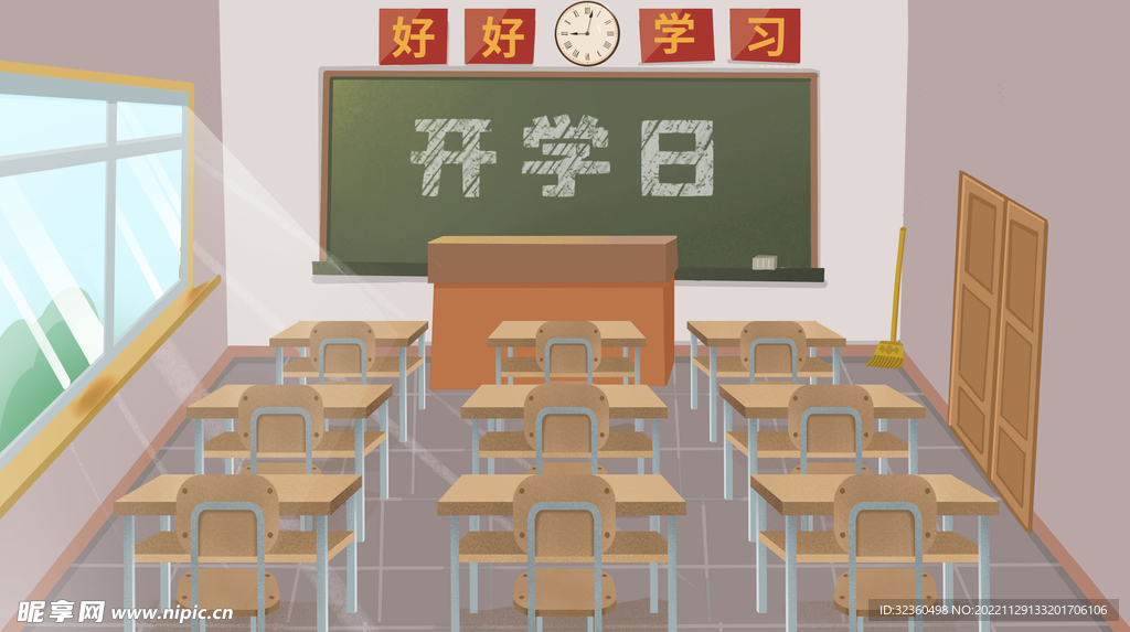 开学季教室课桌场景创意插画设计