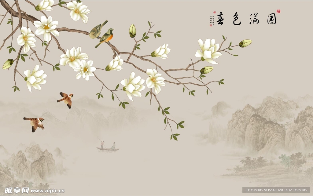 水墨山水简约花鸟背景客厅装饰画