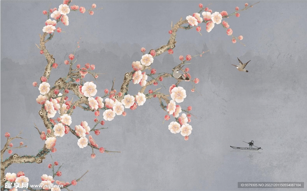 水墨山水简约花鸟背景客厅装饰画
