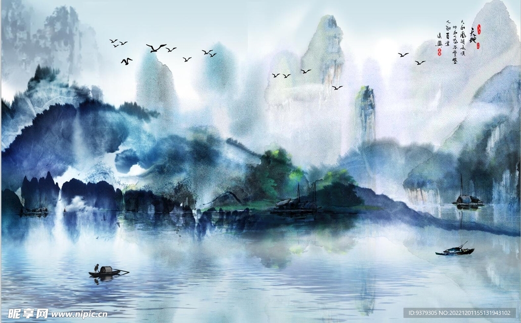 水墨山水简约花鸟背景客厅装饰画