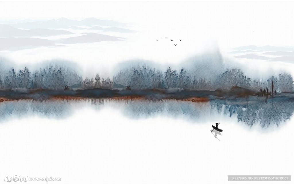 水墨山水简约花鸟背景客厅装饰画