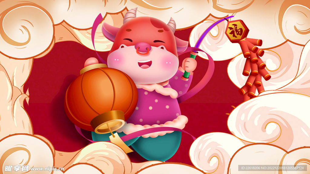 红色卡通牛国潮海报背景