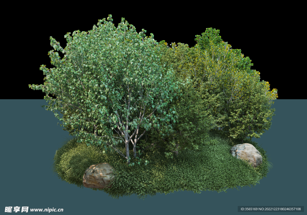 独立景观草地石头树木PSD素材