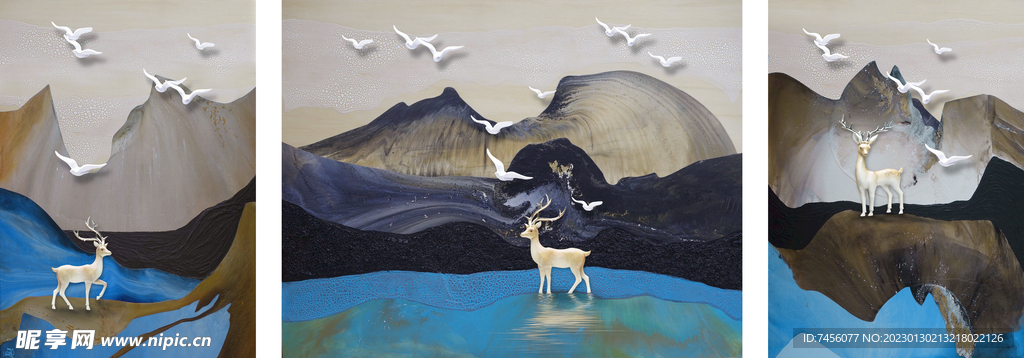 飞鸟麋鹿水墨山脉挂画三联画