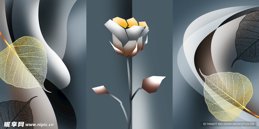 唯美花卉花束树叶三联挂画装饰画