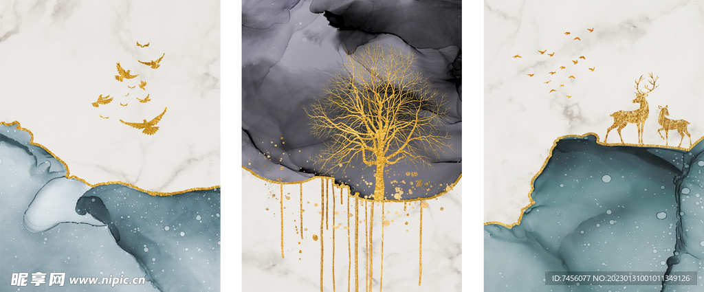 金箔树麋鹿水墨三联挂画装饰画