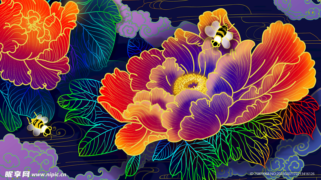 古典花卉插画 牡丹