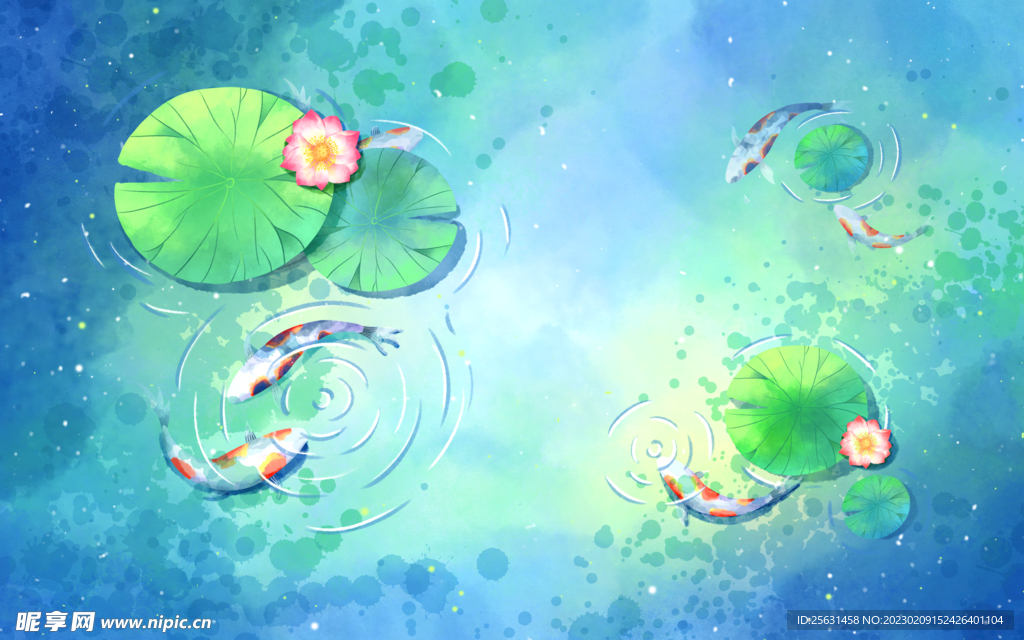 荷叶荷花池塘插画