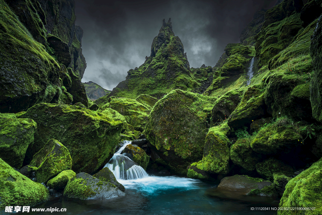 溪流与山间长满青苔的岩石