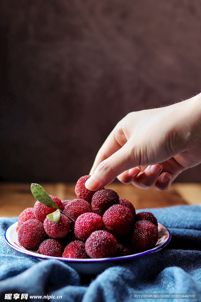 手拿新鲜的杨梅特写
