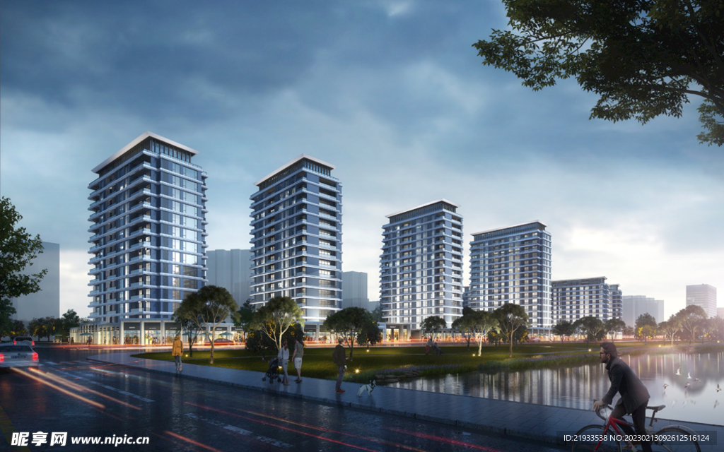 沿河沿街商业小区夜景效果图