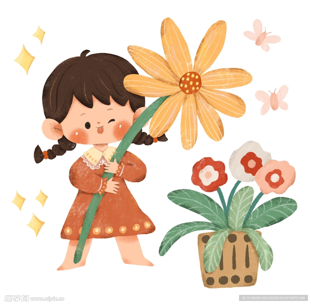 可爱手绘拿大花朵的女孩