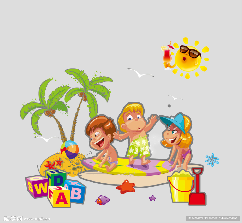 卡通儿童在沙滩