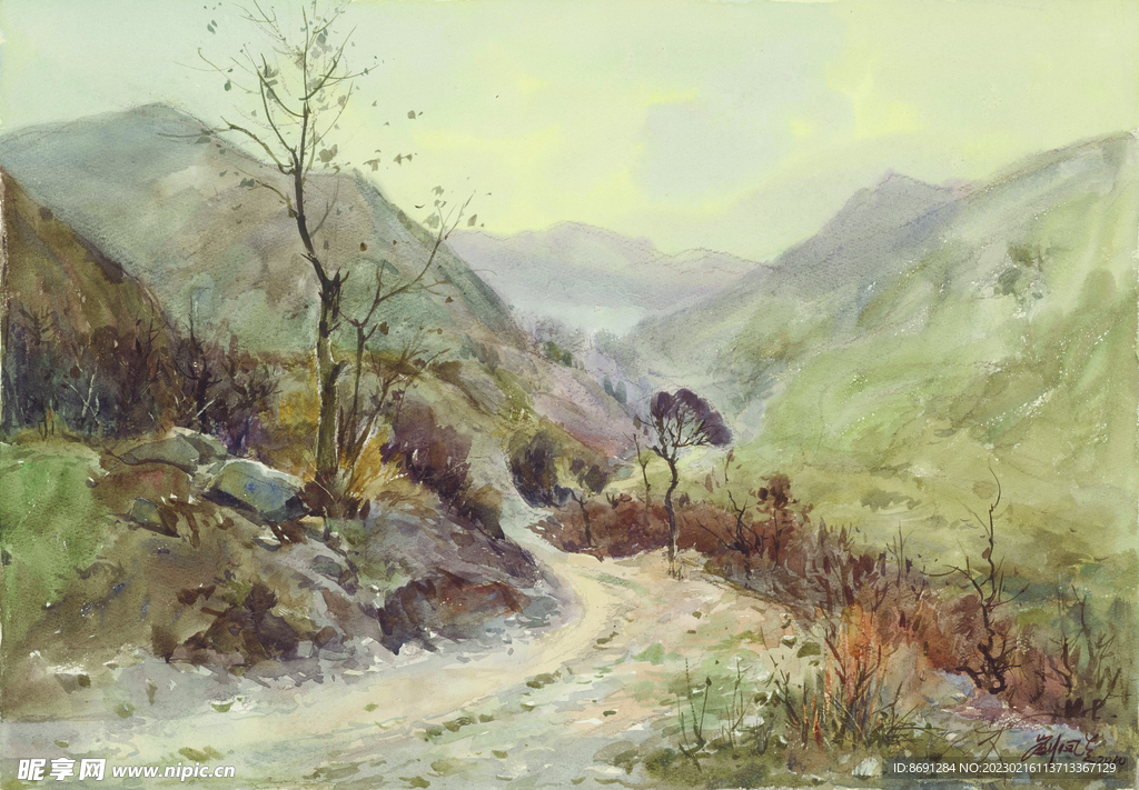 水彩画山路