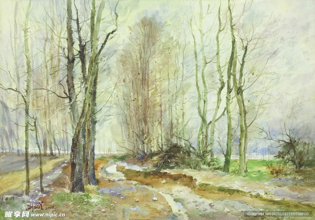 水彩画湿地风光