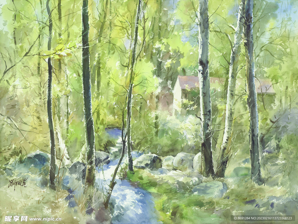 水彩画林间溪流 