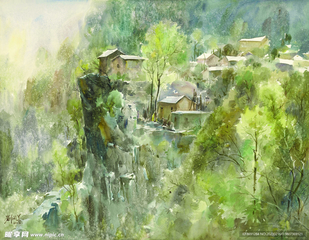水彩画雨中崖居