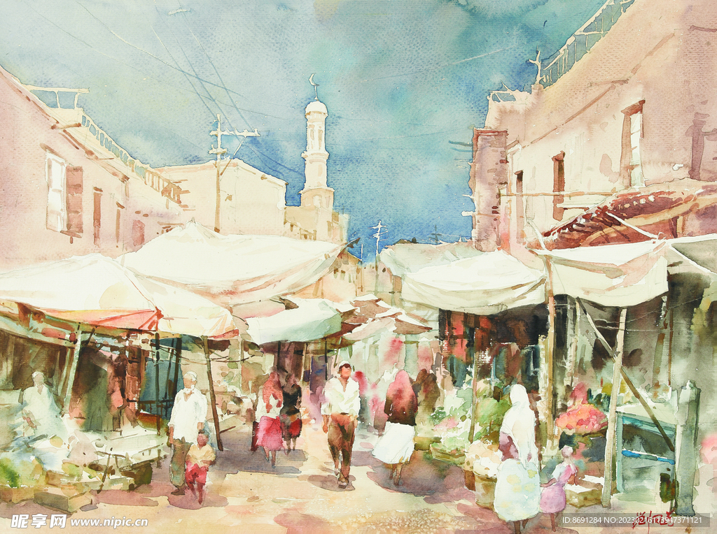 水彩画喀什巴扎