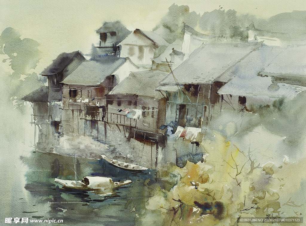 水彩画芙蓉水乡