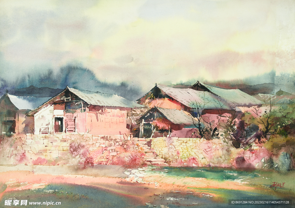水彩画村庄