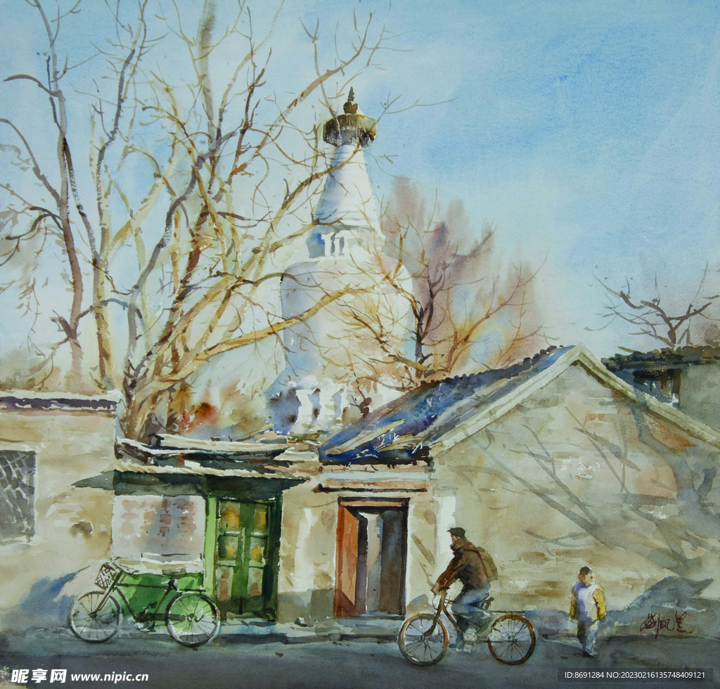 水彩画白塔街景