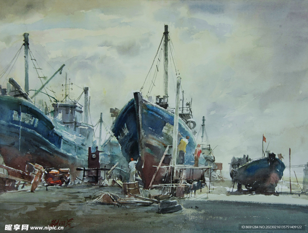 水彩画渔船