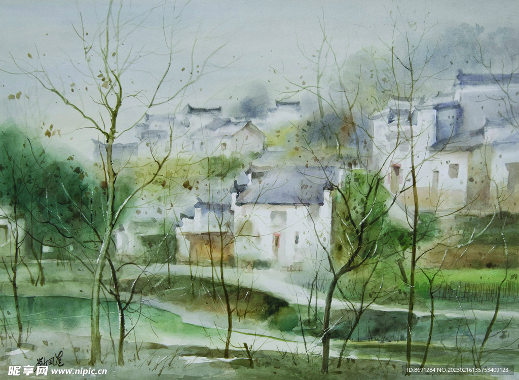 水彩画皖南民居