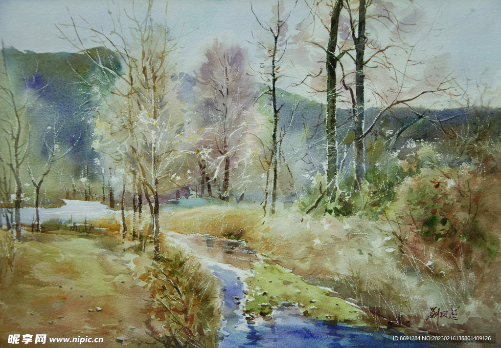 水彩画林间小溪