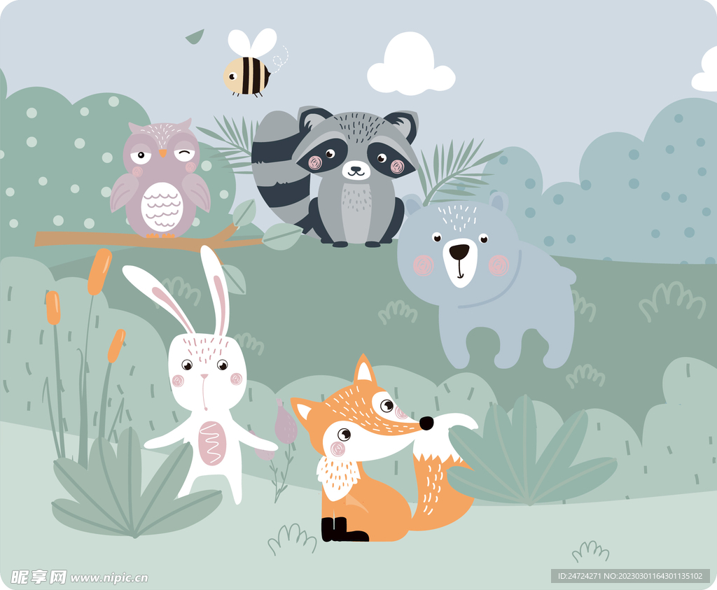 卡通动物在草地