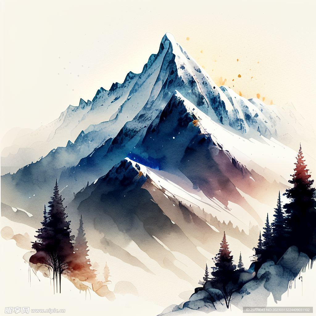 水彩雪山