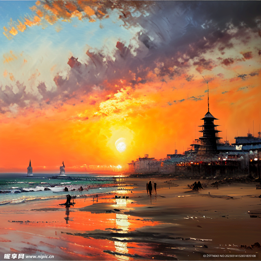 油画落日海滩