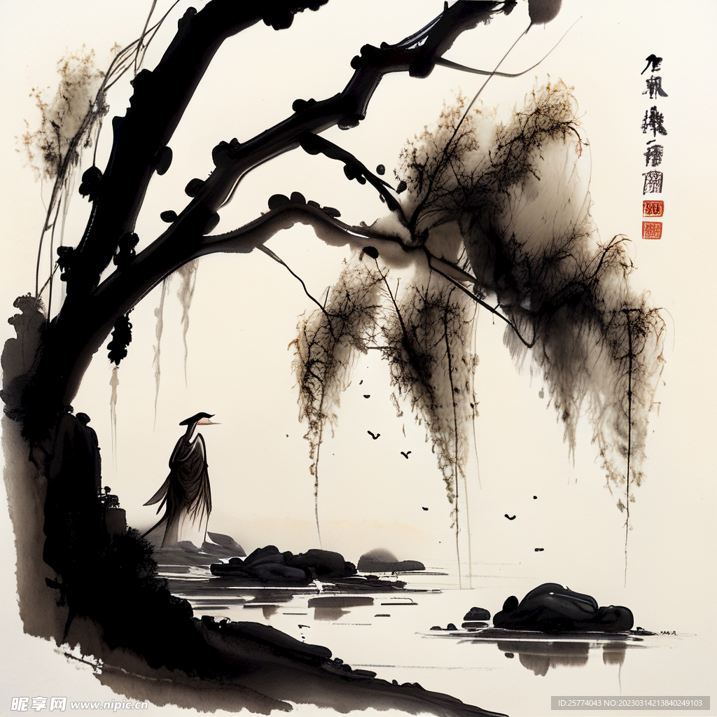 水墨画垂柳