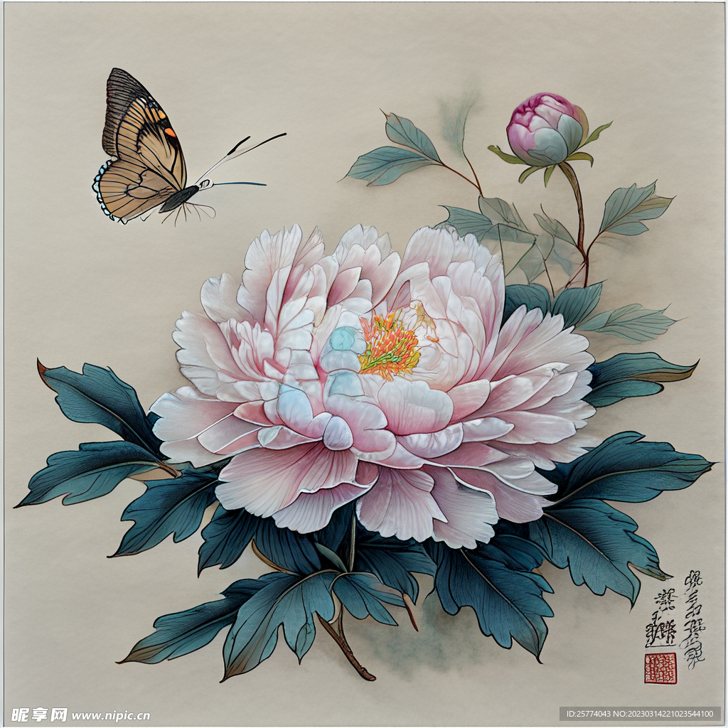 芍药淡彩水墨画